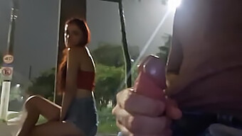 Public Masturbation With A Redhead At The Bus Stop