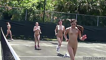 Lesbian Coeds Participate In Hazing On Tennis Court